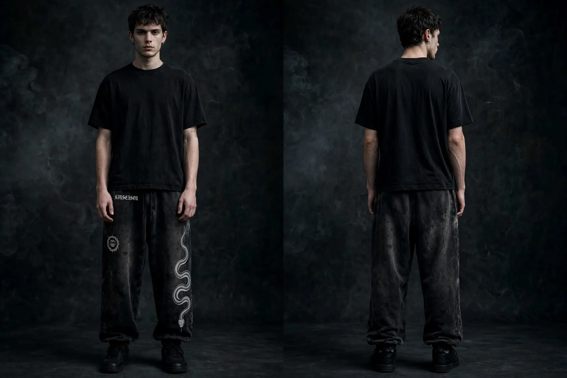 Same model showing the front and back of the black washed Serpent Sweatpants